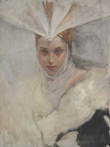 Frau mit Fischadler-Kopfschmuck und weißem Pelzkragen von Edwin Austin Abbey
