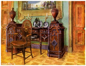 Geschnitztes Mahagoni-Sockel-Sideboard und ovaler Radlehnen-Meisterstuhl, 1911-1912
