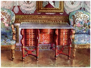 Schreibtisch mit Knieausschnitt und vergoldete Fauteuils