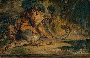 Löwe verteidigt seine Beute, ca. 1840