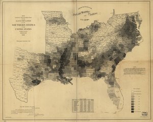 Karte, die die Verteilung der Sklavenbevölkerung der Südstaaten der Vereinigten Staaten zeigt, zusammengestellt aus der Volkszählung von 1860