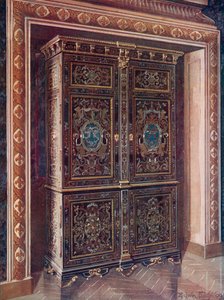 Schrank aus Ebenholz mit Einlagen aus graviertem Messing und Weißmetall. Vergoldete Bronzeverzierungen. Das königliche Monogramm von L