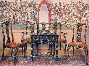 Schwarzer Lack-Sofa, Stühle und Tisch, roter Lack-Spiegel. Tapete in Wotton-under-Edge von Edwin John Foley
