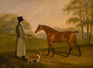 Ein Pferd in einer Landschaft mit dem Stallburschen David Bennet
