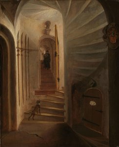 Portal eines Treppenturms, mit einem Mann, der die Treppe hinuntergeht: vermutlich der Moment vor der Ermordung von Wilhelm dem Schweiger im Prinsenhof, Delft