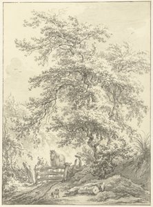 Frau mit Pferd am Zaun unter großem Baum von Egbert van Drielst