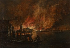 Nächtliches Feuer über holländischer Stadt von Egbert van der Poel