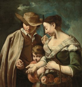 Ein Obstverkäufer und ein Junge mit einem Korb voller Pfirsiche, Birnen und Trauben in einer Landschaft, mit einem Mann, der eine Waffe und eine Münze hält von Egidio (attr.to) Dall