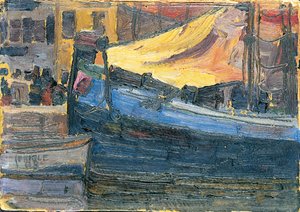 Verankerte Boote mit einer Hauswand im Hintergrund, 1908 von Egon Schiele
