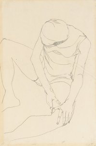 Weiblicher Akt, nach vorne gebeugt, beide Hände auf dem linken Oberschenkel, 1913