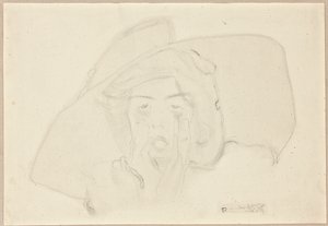 Kopf einer schreienden jungen Frau mit großem Hut, Kinn auf Händen gestützt von Egon Schiele
