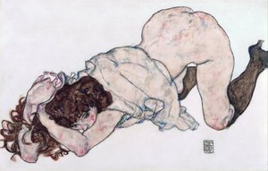Kniendes Mädchen, auf beiden Ellbogen ruhend von Egon Schiele