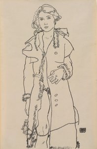 Akt mit Pelzbesetztem Mantel; Mädchenakt mit pelzbesetztem Mantel, 1917 von Egon Schiele