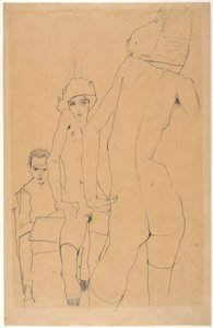 Schiele mit nacktem Modell vor dem Spiegel, 1910