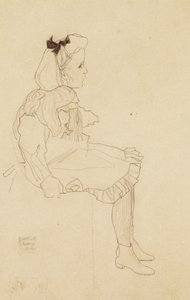 Sitzendes Mädchen mit Schleife im Haar, 1909 von Egon Schiele