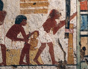 Ägypten, Luxor, West-Theben, Tal der Adligen. Grab von Nenamon und Ipuki. Fresko, das Zimmerleute bei der Arbeit darstellt. (Neues Reich, 18. Dynastie)