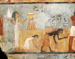 Ägypten, Theben, Grab von Unsu, Frau bringt Essen zu Arbeitern auf den Feldern, Wandmalerei