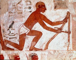 Ägyptische Kunst: Grab von Rekhmire. Pflüger bei der Arbeit mit seinem landwirtschaftlichen Werkzeug. Fresko von Luxor (Stätte von Theben, Nekropole von Scheich Abd al-Gournah (Gournah), linkes Nilufer, Ägypten. - Altes Ägypten: Grab von Rekhmire. Die Arbe von Egyptian 18th Dynasty