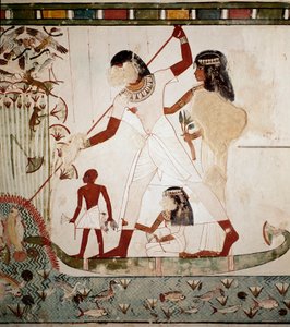 Ägyptische Antiquität: Fischszene. Der edle Menna auf einem Boot mit seiner Frau, die einen Fisch harpuniert. Fresko aus dem Grab von Menna (TT69) im Grabgebiet der Adligen in Gournah, Luxor, Ägypten von Egyptian 18th Dynasty