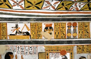 Ägyptische Antiquitäten: Darstellung von Anubis, Hathor und Hieroglyphen. Gemälde aus dem Grab von Roy