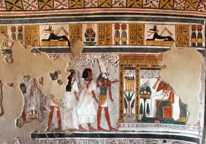 Ägyptische Antike: Horus führt Roy und seine Frau zu Osiris. Fragmente eines Freskos aus dem Grab von Roy (TT255). 18. Dynastie. Vom Westufer von Luxor, Ägypten
