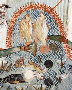 Fisch, Detail aus der Szene des Jagens und Fischens in den Sümpfen, Fresko, Nordwand, Längskammer, Thebanisches Grab TT69, Sheikh Abd el-Qurna, Theben (Unesco-Weltkulturerbe)