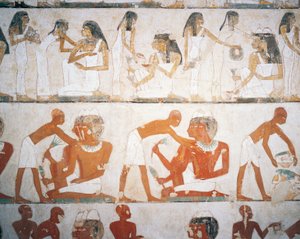 Totenmahl, Männer und Frauen legen Schmuck an, Fresko, Grab von Rekhmire (TT100), Sheikh Abd el-Qurna, Theben (Unesco-Welterbeliste)