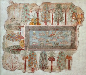 Garten eines privaten Anwesens mit einem Zierteich, Teil der Wandmalerei aus dem Grab von Nebamun, Theben, Neues Reich, ca. 1350 v. Chr.