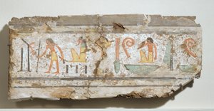 Inschrift in besonders klaren Hieroglyphen: ein Mann mit Gehstock, ein bärtiger Gott hockend, ein Mann mit der Hand am Mund von Egyptian 18th Dynasty