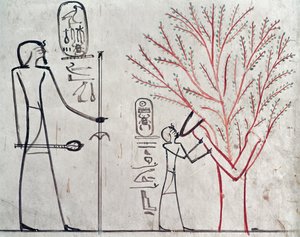 Isis, die sich in einen Sykomorenbaum verwandelt und Tuthmosis III. (ca. 1479-1425 v. Chr.) säugt (Wandmalerei) von Egyptian 18th Dynasty