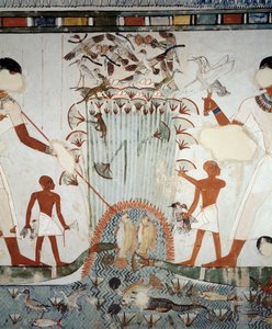 Menna und seine Familie beim Fischen und Vögeln in den Sümpfen des Nils, Detail aus den Fresken in der Kapelle des Grabes von Menna, Sheikh Abd el Qurnah Nekropole, Luxor, Theben (Unesco-Weltkulturerbe)