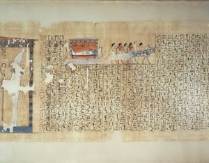 Papyrus, der den Transport des Sarkophags auf einem von Ochsen gezogenen Wagen darstellt, aus dem Totenbuch des Maiherperi