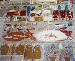 Vorräte und Keramik, die von Königin Hatschepsut den Göttern angeboten wurden, bemaltes Relief, Anubis-Kapelle, Totentempel der Königin Hatschepsut, auch bekannt als Djeser-Djeseru, Deir el-Bahri, Theben. Ägyptische Zivilisation, Neues Reich, Dynastie XVII