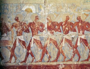 Relief, das eine Parade zu Ehren der Göttin Hathor zeigt, aus dem Totentempel von Hatschepsut (ca. 1503-1482 v. Chr.) Neues Reich