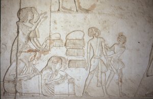 Relief, das Schreiber bei der Arbeit darstellt, aus dem Grab von Horemheb (ca. 1323-1295 v. Chr.) Neues Reich