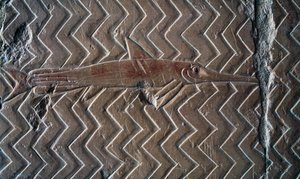 Darstellung von Fischen, Szenen des Königreichs Punt, Südwand der zentralen Kolonnade, Totentempel von Hatschepsut, Deir el-Bahari, Luxor, Theben (UNESCO-Welterbeliste) von Egyptian 18th Dynasty