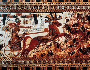 Die Jagdhütte. Detail der Szene, die den König auf seinem Streitwagen zeigt, wie er asiatische Feinde besiegt von Egyptian 18th Dynasty