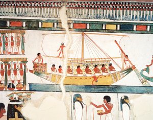 Das Sonnenschiff, Detail der Pilgerfahrt nach Abydos, Fresko, Nordwand, langer Speisesaal, Thebanisches Grab TT69, Sheikh Abd el-Qurna, Theben (Unesco-Welterbeliste)