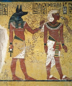 Tutanchamun wird von Anubis und Hathor begrüßt und bietet ihnen das Ankh an, Fresko, Südwand der Grabkammer, Grab von Tutanchamun (KV62), Tal der Könige, Theben, Ägypten. Ägyptische Zivilisation, Neues Reich, Dynastie XVIII. von Egyptian 18th Dynasty