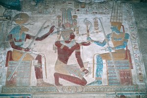Ägypten, Abydos, Tempel des Pharaos Seti I., Osiris-Kapelle, bemaltes Relief von Egyptian 19th Dynasty