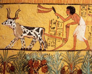Ägypten, Antikes Theben, Deir el-Medina, Grab von Sennedjem, Wandmalerei, die Sennedjem beim Pflügen der Felder von Iaru darstellt