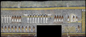 Ägypten, Theben, Luxor, Tal der Könige, Grab von Ramses I, Wandmalerei von Ra in der Sonnenbarke in der Grabkammer aus der 19. Dynastie
