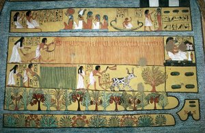Ägypten, Theben, Dorf der Staatsarbeiter in Dayr al-Madinah, Grab von Sennedjem, Fresko, das landwirtschaftliche Szenen in den Feldern von Ialu darstellt, Neues Reich, Dynastie XIX