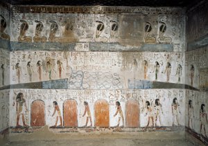 Von oben nach unten, Kobra, Rettung der Überlebenden des Aufstands gegen den Gott Sol, Genien, die Feuer für die Verdammten schüren, Fresko aus der Seitenkapelle des Grabes von Seti I, Tal der Könige, Luxor, Theben (Unesco-Weltkulturerbe)
