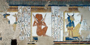 Henty-Reki, Wächter des fünften Tores des Königreichs Osiris, und ochsenköpfiger Wächter des vierten Tores (Fresken) von Egyptian 19th Dynasty