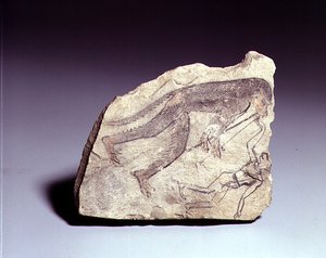 Ostrakon mit einer Figur eines Affen, der eine Flöte spielt, Neues Reich