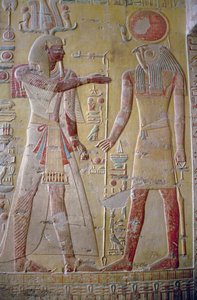 Relief, das Merenptah (1236-1223 v. Chr.) zeigt, wie er von Re-Herakhty begrüßt wird, aus dem Grab von Merenptah, Neues Reich, ca. 1297-1185 v. Chr.