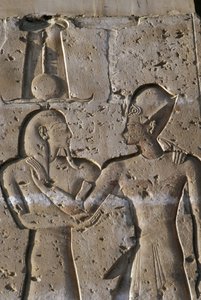 Relief, das den Pharao mit dem Gott Horus darstellt, Portikus des Tempels von Seti I von Egyptian 19th Dynasty