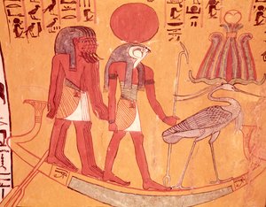 Sonnenbarke mit Re-Horakhty, dem Benu-Vogel und vier anderen Gottheiten, aus dem Grab von Sennedjem, Das Arbeiterdorf, Neues Reich von Egyptian 19th Dynasty