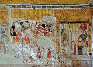 Ägyptische Antiquitäten: Darstellung von Shuroy und seiner Frau, die Gottheiten verehren. Malerei aus dem Grab von Shuroy (TT13). 20. Dynastie. 1190-1077 v. Chr. Nekropole von Dra Abu el-Naga, Westufer von Luxor, Ägypten